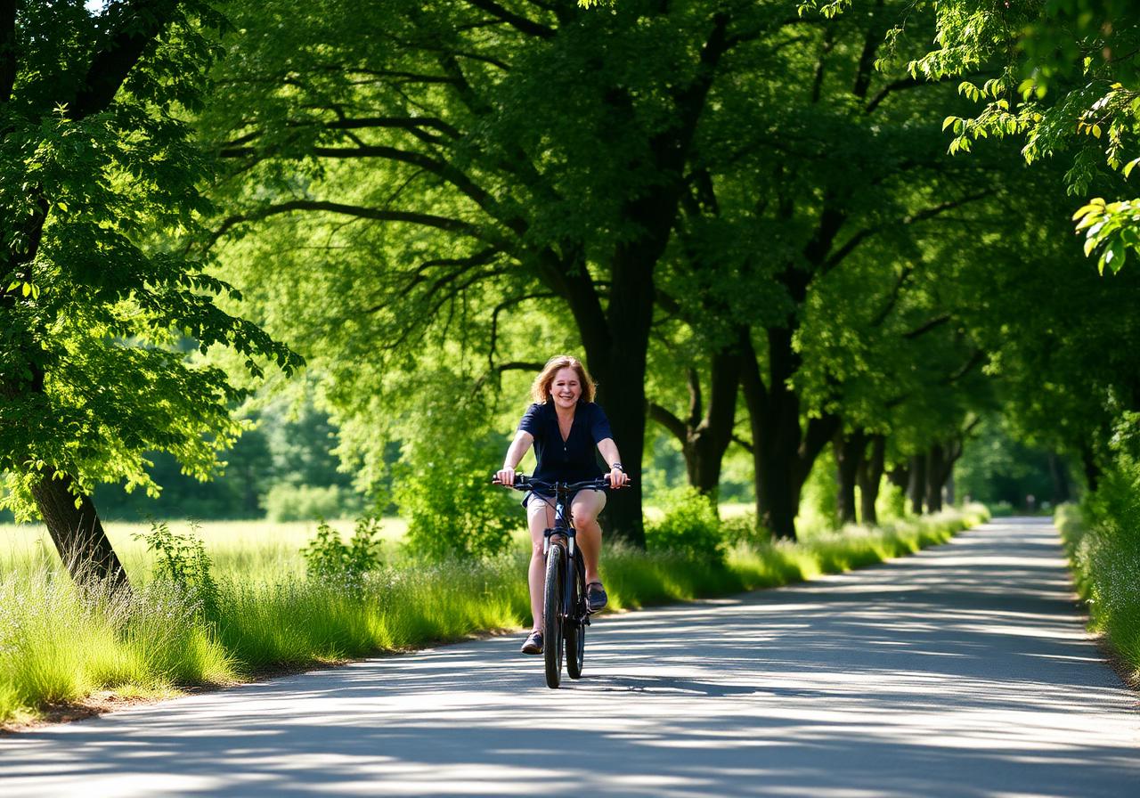 Person cycling on a tree-lined country road