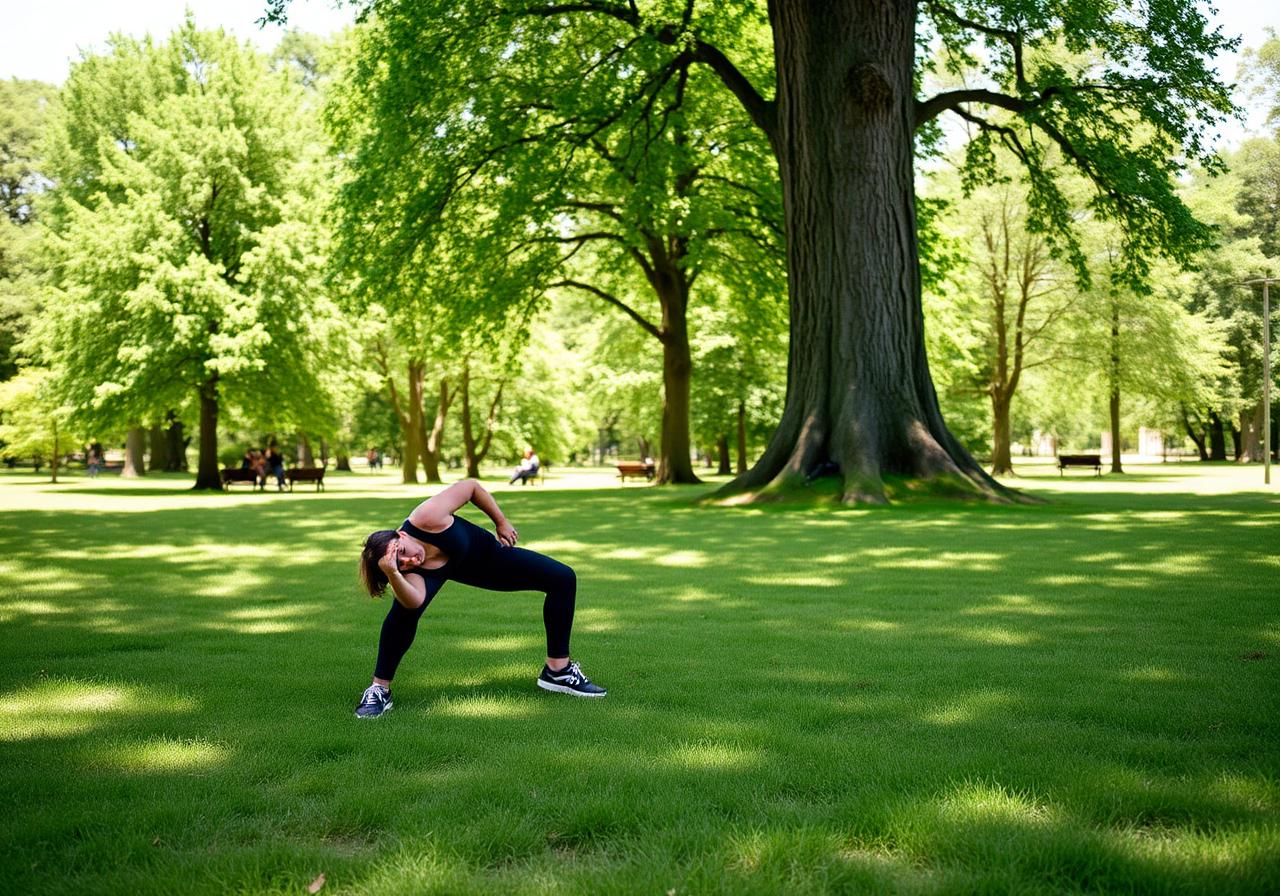 Person doing bodyweight movements outdoors under a large tree