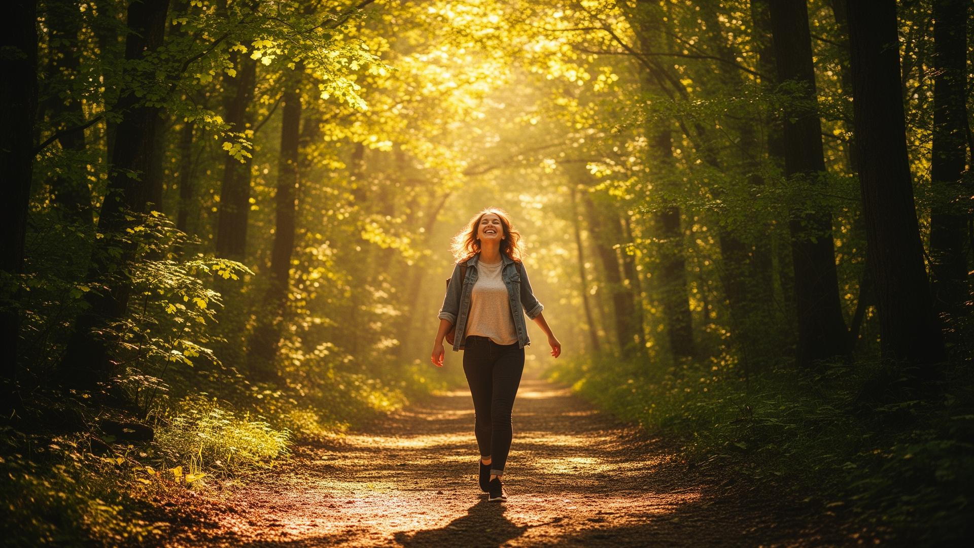 Person enjoying a sunlit morning walk on a forest path
